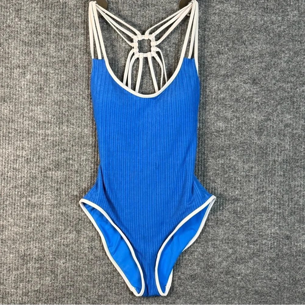 Becca Coral Crush One-Piece Blue Ribbed Strappy Racerback Swimsuit Size M